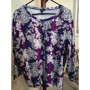 Rafaella Cotton Knit Top  Navy Blue Purple  Pink Floral  Size Large